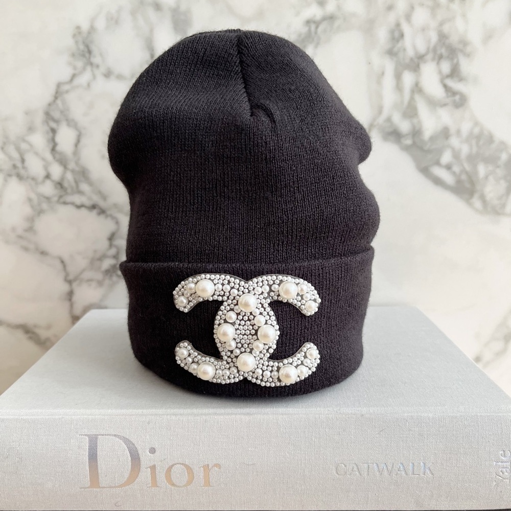 CHANEL Black Beanie with Pearl Logo